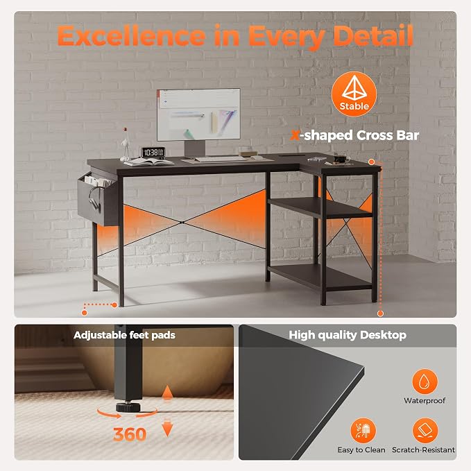 Mericonia 39 inch Corner Desk with Shelves, Small L Shaped Gaming Desk | Reversible Computer Desk with Power Outlets & Storage Bag, Office Table for Home Bedroom Study Work Writing