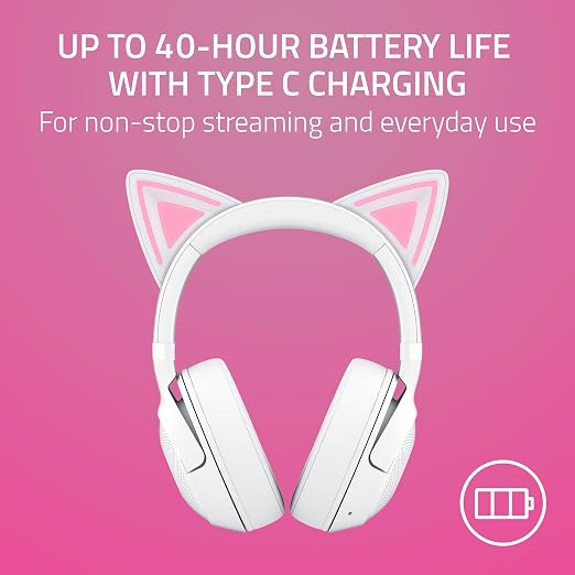 Razer Kraken Kitty V2 BT Wireless RGB Headset, White | Chroma RGB Kitty Ears & Earcups, Bluetooth 5.2, 40 mm Drivers, Noise-cancelling Mics, Lightweight, USB-C, 40 Hr Battery