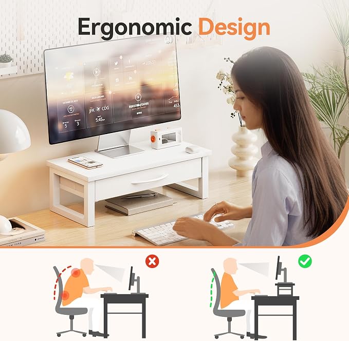 Desk Organizers and Accessories, Computer Monitor Stand Riser with Drawer, White Laptop Stand for Desk with Storage, Office Organization, Wood