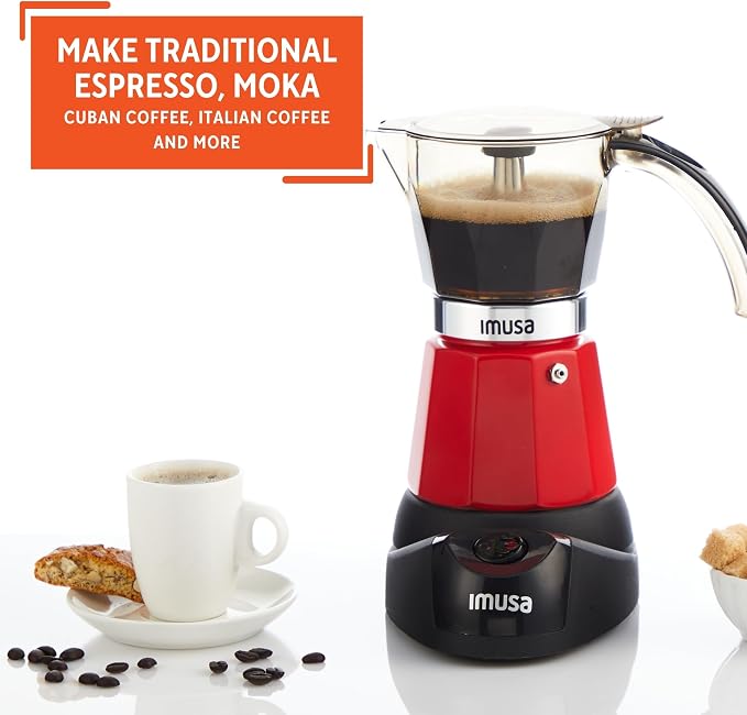 IMUSA 6 or 3 Cup Electric Espresso Coffee Maker with Cool-touch Handle, Red | Detachable Base, Visual Brewing Indicator, Durable Aluminum Construction, Ideal for Cuban and Italian Coffee