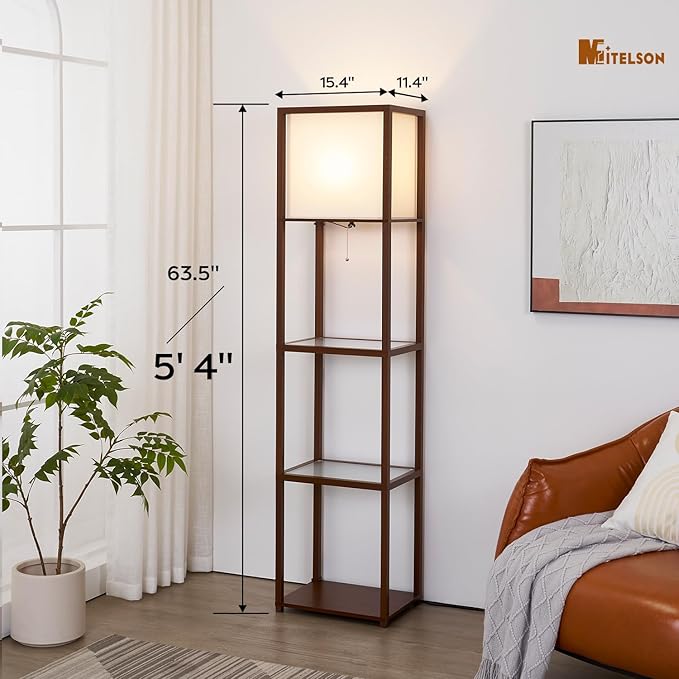 Floor Lamp with Shelves, Modern Shelf Lamps with Tempered Glass, Standing Lamp with LED Bulb, Display Corner Shelf with Lights for Living Room, Bedroom, Office, Brown