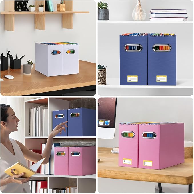 BALEINE File Organizer Box, Cardboard File Folder Organizer with Handle for Letter Size, Portable Collapsible Hanging Filing Box for Home Office Document Storage (2 Pack, Navy)