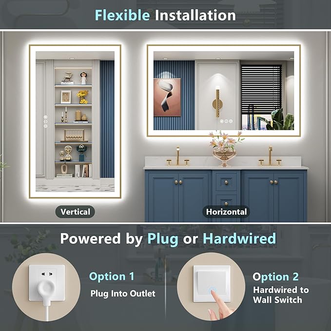 66x40 Gold LED Bathroom Mirror with Lights, Brushed Gold Framed Backlit and Front Lit Anti-Fog Lighted Vanity Mirrors for Bathroom Wall, Dimmable, 3 Colors, Memory, HD Tempered Glass, CRI＞90