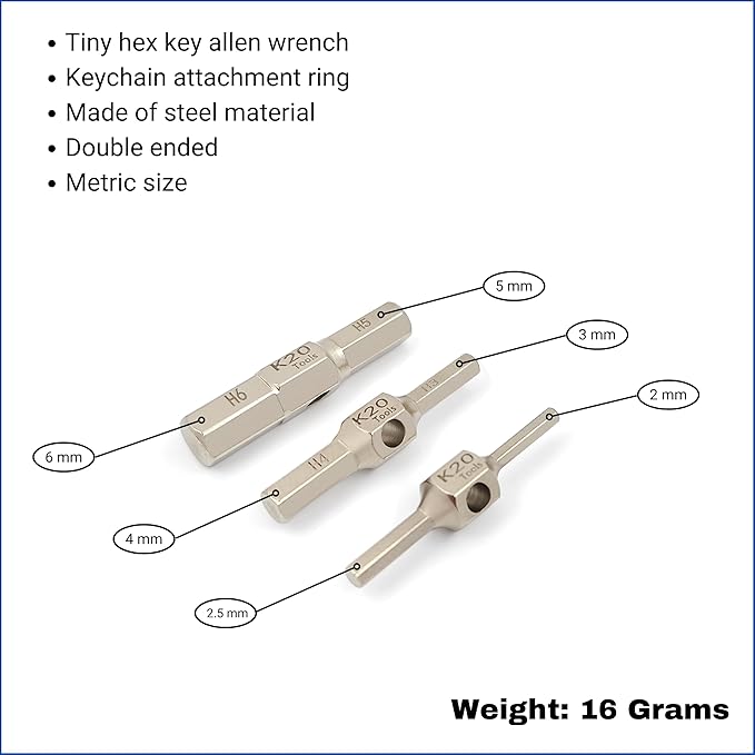 Keychain Hex Key Allen Wrench Multi-Tool Set - Metric 2, 2.5, 3, 4, 5, 6 mm