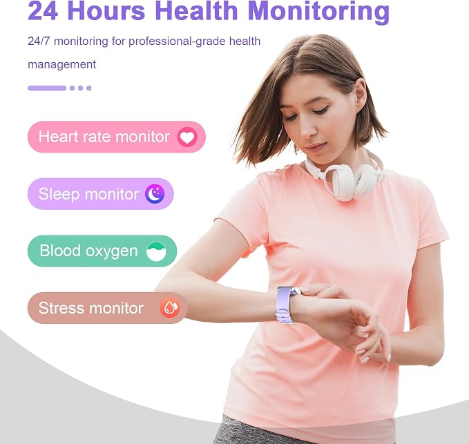 Smart Watch for Men Women Compatible with iPhone Samsung Android Phone 1.69 inch Full Touch Screen IP68 Waterproof Bluetooh Fitness Tracker Heart Rate/Sleep Monitor (Purple)