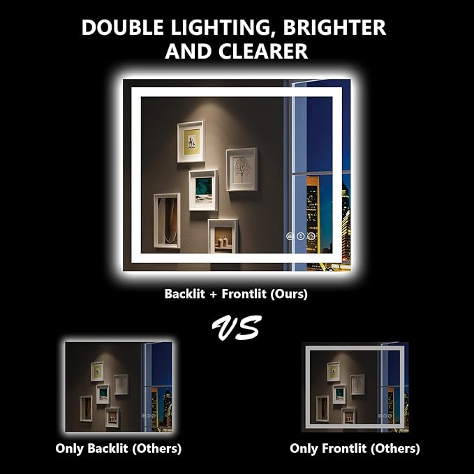 48x36 Inch LED Bathroom Mirror with Lights Front and Backlit Lighted Vanity Mirror for Bathroom Wall with 3 Colors Dimmable Anti-Fog Memory Shatter-Proof IP54 Waterproof Horizontal/Vertical