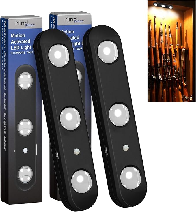 MIND&ACTION Gun Safe Lights, LED, 12 Bulbs, Motion Activated, Rotatable, Battery Powered (Black 2 Pack)