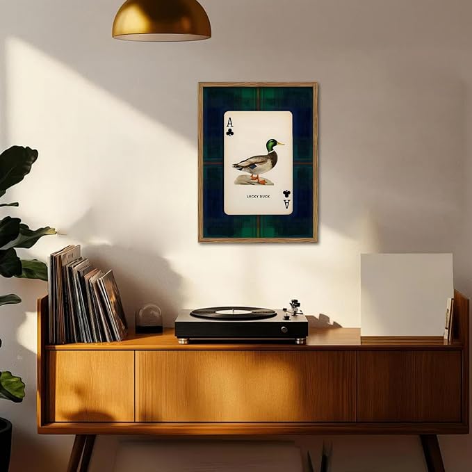 Vintage Mallard Duck Wall Art Cottage Core Hunting Lucky Duck Wall Decor Picture Dark Wildlife Playing Card Poster Canvas Print Painting for Farmhouse Bedroom Living Room 16x24 inch Wood Framed