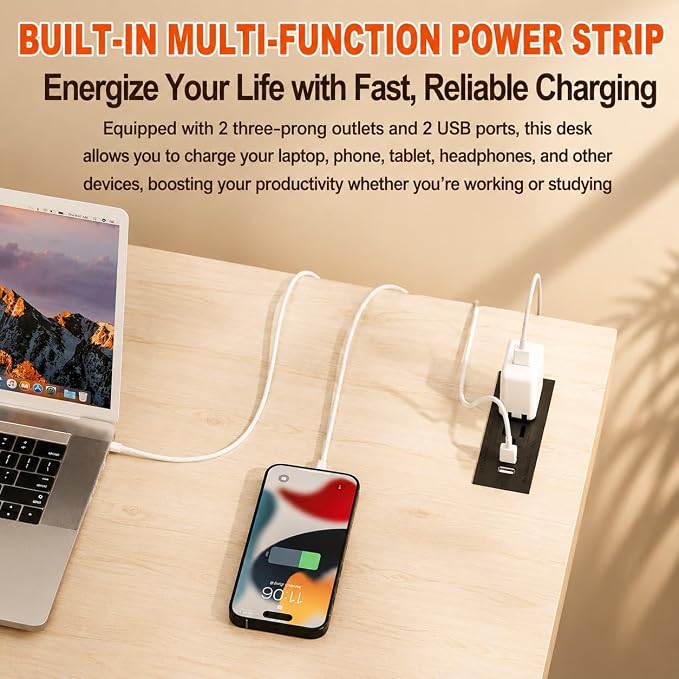 Folding Table Computer Desk - 43.3" No Assembly Folding Desk with Power Outlets & USB Charging Port, Small Desk, Foldable Office Desk, Compact Storage Portable Use for Small Space, White Ash