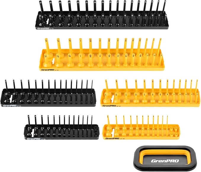7PCS Socket Organizer Tray Set with Mini Folding Tray, Yellow & Black Magnetic Socket Holder for 1/4", 3/8", 1/2" Drive Metric and SAE Sockets