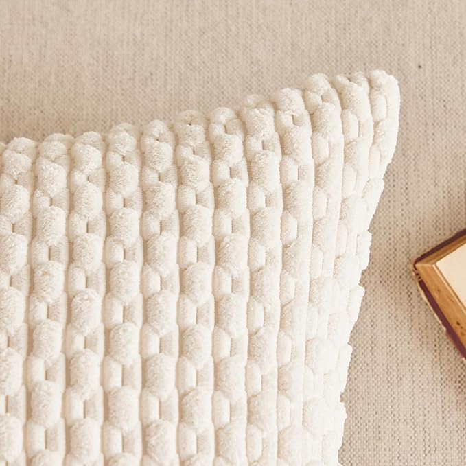 Kevin Textile Soft Corduroy 14"x22" Lumbar Pillow Cover 1 Pack, Cream White | Boho Stripe Plush Corduroy Decorative Oblong Cushion Cover Modern Farmhouse Home Decor for Sofa Couch Bed Chair