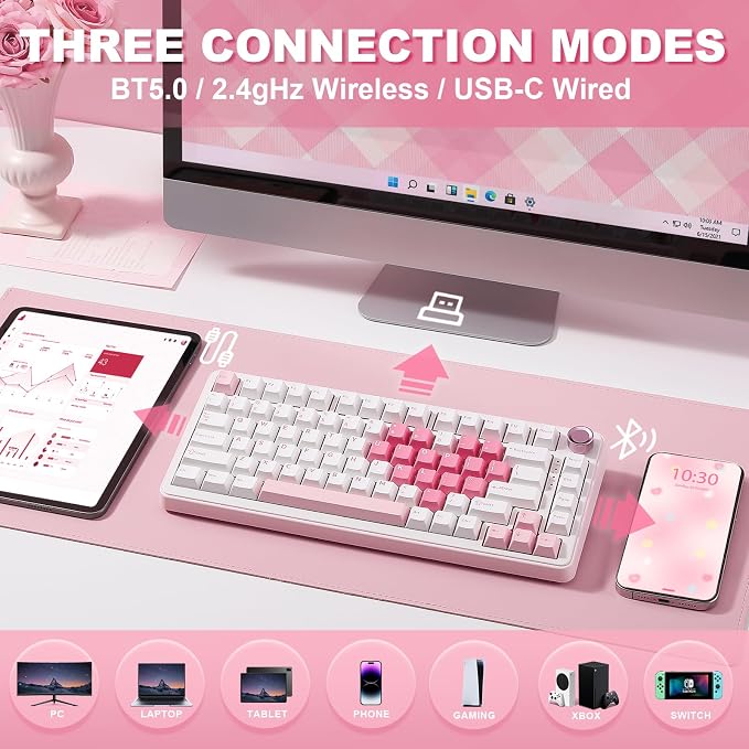 YUNZII B75 PRO 75% Wireless Mechanical Keyboard (White Heart,MilkV2) | Hot Swap Keyboard with Knob, Gasket Mount, Creamy Pre-lubed Switch for Smooth Typing, BT/USB-C/2.4G, for Gaming