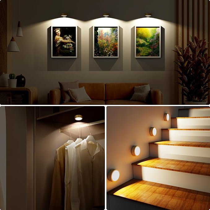 Tututry 3-Pack Picture Lights for Wall, Rechargeable Battery Magnetic Poster Lights with Remote Dimmable 3-Color Temps & Timer, LED Art Display Lighting for Paintings, Frames & Wall Art Decor (Gold)