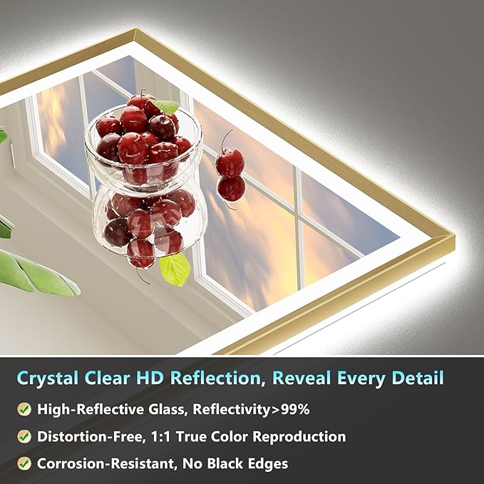 30x36 Gold Beveled LED Bathroom Mirror with Lights, Brushed Gold Framed Backlit and Front Lit Anti-Fog Lighted Vanity Mirrors for Bathroom Wall, Dimmable, 3 Colors, Memory, HD Tempered Glass