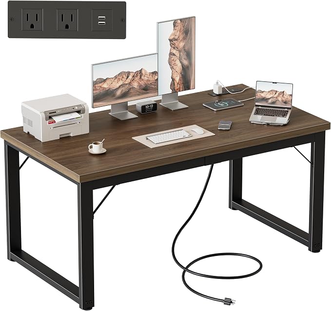 Mericonia 48 Inch Computer Desk with Power Outlets, 1.2" Thick Office Table | Modern Simple Style, Heavy Duty Industrial Frame, Small Study & Writing Table for Home Bedroom Work, Walnut