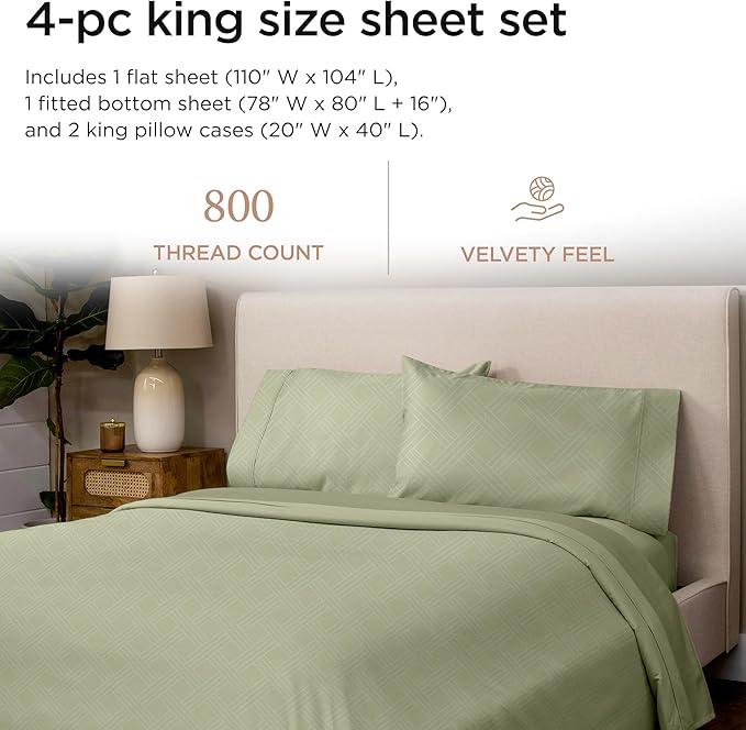 Threadmill King Size Sheets for King Mattress | 800 Thread Count Jacquard Celine Sage Green | Better Than Egyptian Cotton | 4 Pc Bed Sheets | Damask Sheet Fits 16'' Deep Pocket | 100% Cotton Sheets