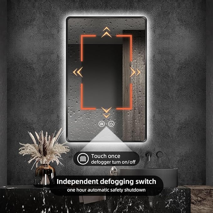 36"x28" Black LED Bathroom Mirror, Metal Framed, Rounded Rectangle, Bathroom Backlit Mirror, Anti-Fog, Stepless Dimmable, Smart Lighted Mirror for Vanity, Infrared Motion Sensor Lights, Memory
