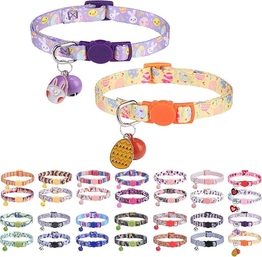 Breakaway Cat Collars for Girl Boy Cats, Spring Summer All Weather Cat Collar Personalized Pattern 2 Pack,Cute Classic Safety Buckles and Bells,Adjustable Printed Nylon Colorful Kitten Collar