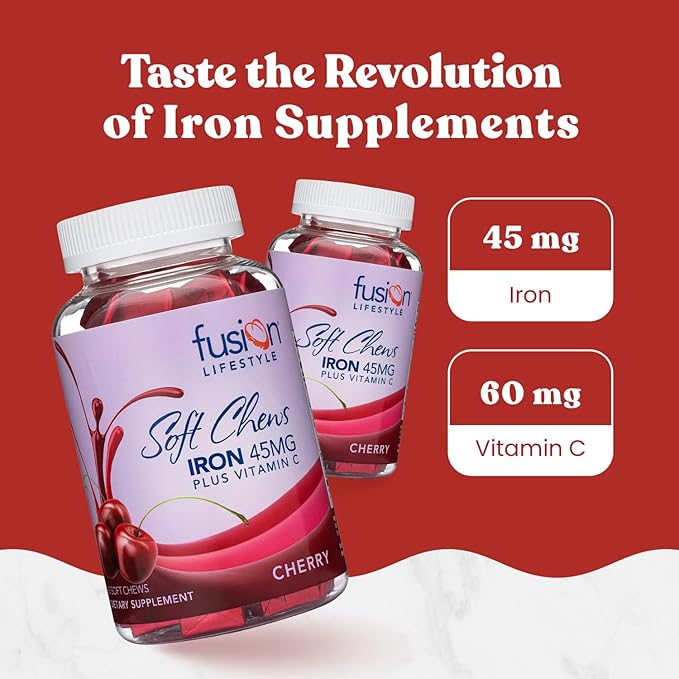 Chewable Iron Supplement for Women & Men - Cherry Flavor, Iron Vitamin C Soft Chew for Max Absorption, Iron as Ferrous Fumarate, Ideal for Anemia and Iron Deficiency, 2 Month Supply