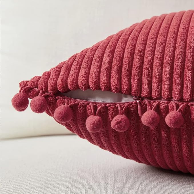 Fancy Homi 2 Packs Burgundy Decorative Throw Pillow Covers 16x16 Inch with Pom poms, Christmas Home Decor, Soft Corduroy Accent Square Cushion Case for Living Room Couch Bed Sofa 40x40 cm