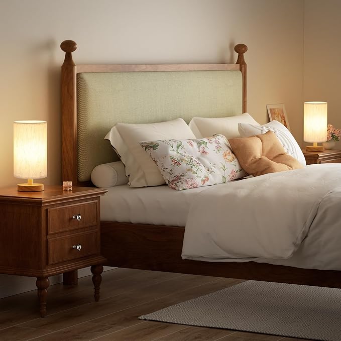 Fenmzee Small Lamps Set of 2 (Cream Shade - Wood Base, 9" Inline Control) | Two 3000K LED Blubs Included | 680 Lumens | Easy Assembly | Minimalist Design | E26 | for Kitchen | for Kids Room
