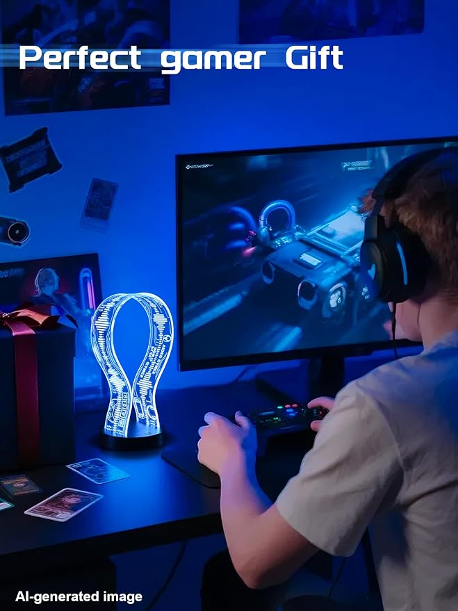 CoolGift Mart Light Up Headphone Stand with 16 Color Lights, Game Pattern Acrylic Headset Stand with 1 USB and 1 Type-C Charging Ports, Gifts for Gamers Men and Music Lovers