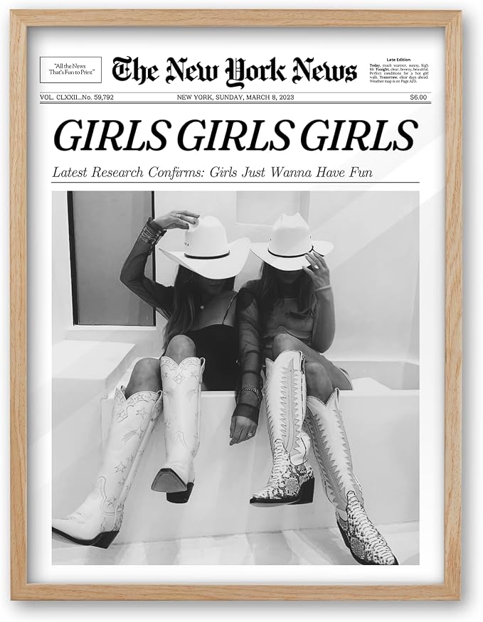 iHery 16x20in Girls Just Wanna Have Fun Framed Newspaper Wall Art | Natural OAK Wood Frame with Canvas Print, Western Cowgirl Decor for Bedroom, Dorm, Living Room and Bar Cart, 1Pack