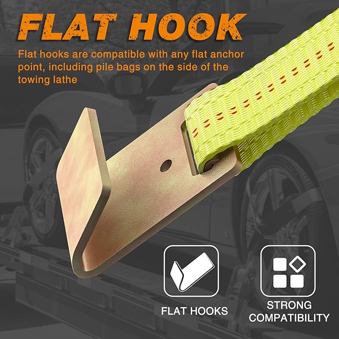 Adjustable Vehicle Tie Down Kit with Flat Hook Heavy Duty-Break Strength 10,000 lbs-Working Load 3333 lbs-2" x 10' Lasso Ratchet Straps for Car, Truck, UTV(Classic Yellow)