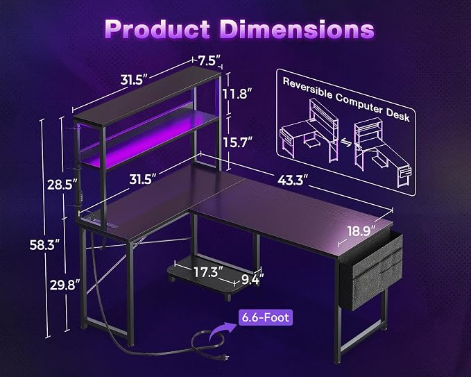ODK 43" L Shaped Gaming Desk with Shelves, LED & Outlets, Black | Reversible L-shape. LED gaming lights & USB. Headset hook & storage bag. Fits dorms, small bedrooms & compact apartments.