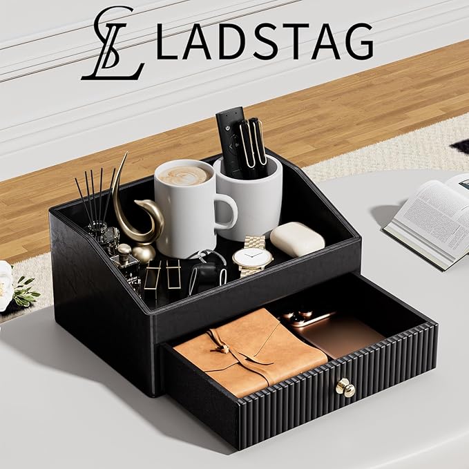 Desk Accessories,Black Vegan Leather Desk Organizers with 1 Draw & Tray,Remote Control Holder with Gold-Tone Metal Accents Knob for End Tables,Bedside Table,Bedroom