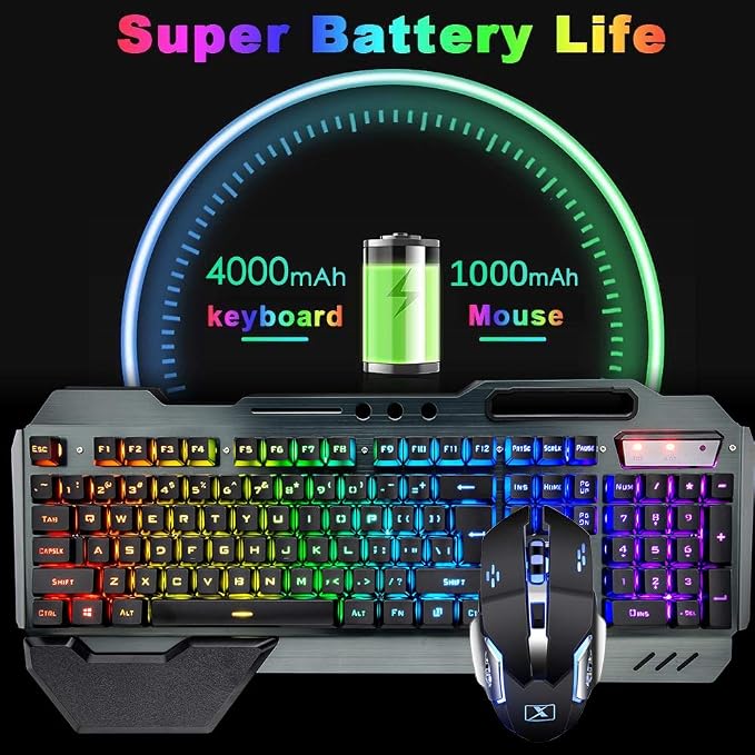 Wireless Gaming Keyboard and Mouse,RGB Backlit Rechargeable Keyboard Mouse with 5000mAh Battery Metal Panel,Removable Hand Rest Mechanical Feel Keyboard and 7 Color Gaming Mute Mouse for PC Gamer