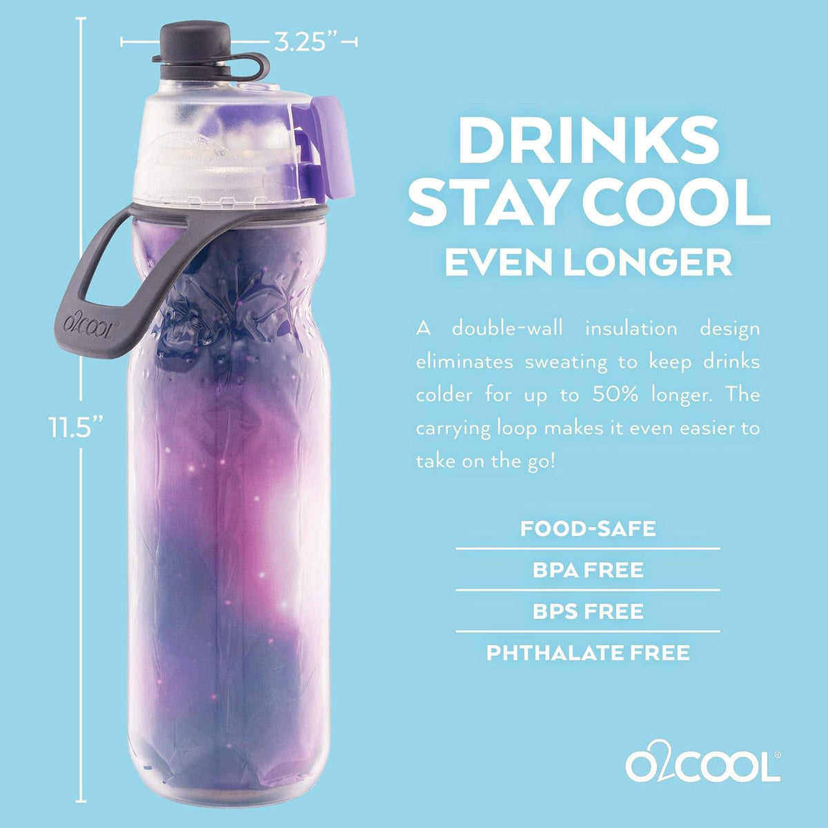 O2COOL Misting Water Bottle - 2-in-1 Mist & Sip Function, No Leak Pull Top Spout - 20 oz Tie Dye/Celestial Purple