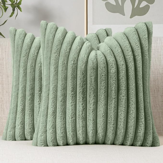 MIULEE Faux Fur Decorative Throw Pillow Covers 20x20 Set of 2 Sage Green | Modern Soft Plush Couch Pillows, Cozy Fluffy Cushion Covers for Sofa Bed Living Room Home Decor