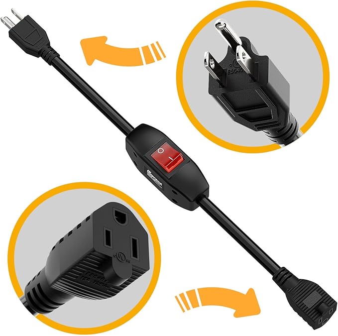 Inline On/Off Switch Extension Cord, Plugrand 3-Prong Household Switchable Power Cords, Heavy Duty 15A 125V, Double Break Switch Extension Cable, 40CM Cord