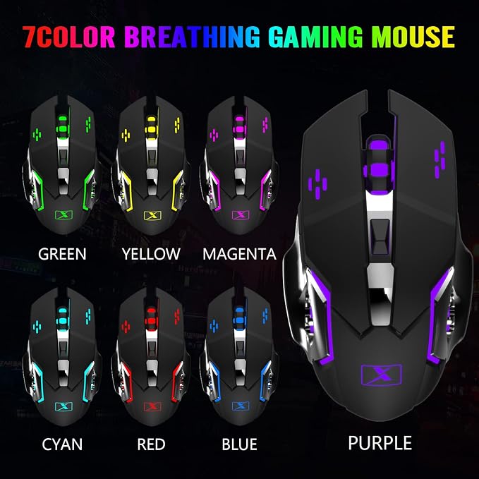 Wireless Gaming Keyboard and Mouse Combo,Rainbow LED Backlit Keyboard with Rechargeable 3800mAh Battery Metal Panel,Removable Wrist Rest Mechanical Feel and 7 Color Mute Gaming Mice for PC PS4 PS5