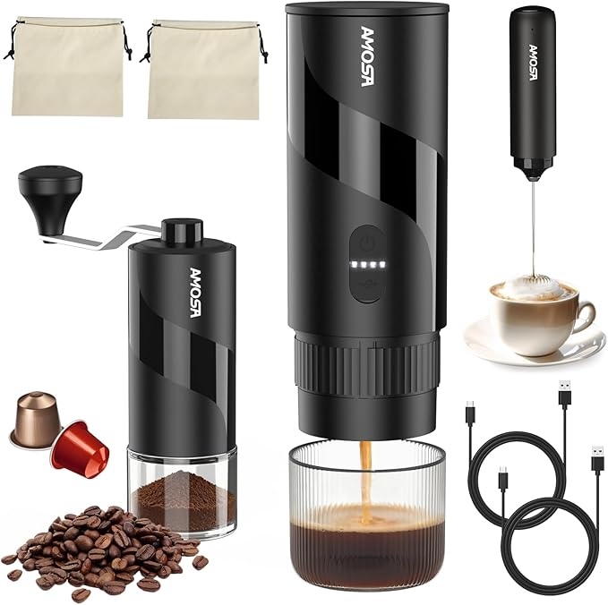 All in 1 Portable Electric Espresso Machine & Coffee Grinder & Milk Frother | Mini Compact Travel Coffee Maker Set for Ground Coffee & NS Capsules，Ideal for Camping, Car, RV, Hiking, Office, Home, Gift
