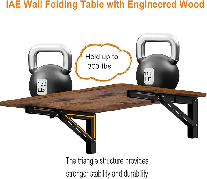 IAE 36x22in Floating Fold Desk,Wall-Mounted Folding Computer Table,Rustic | Study Table with Shelf Brackets,Foldable Down Shelf with Engineered Wood,Fold Computer Desk for Small Apartment,Holds 502 lb