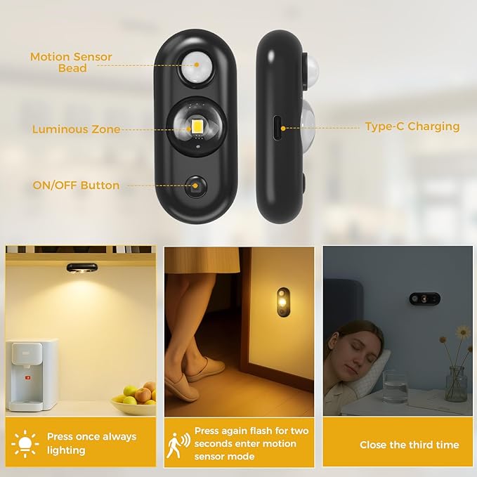 LED Motion Sensor Puck Lights, Small Rechargeable Under Cabinet Light, Dimmable Warm White Closet Lights, Wireless Under Cabinet Lighting for Drawer, Kitchen (4 Pack, Black)