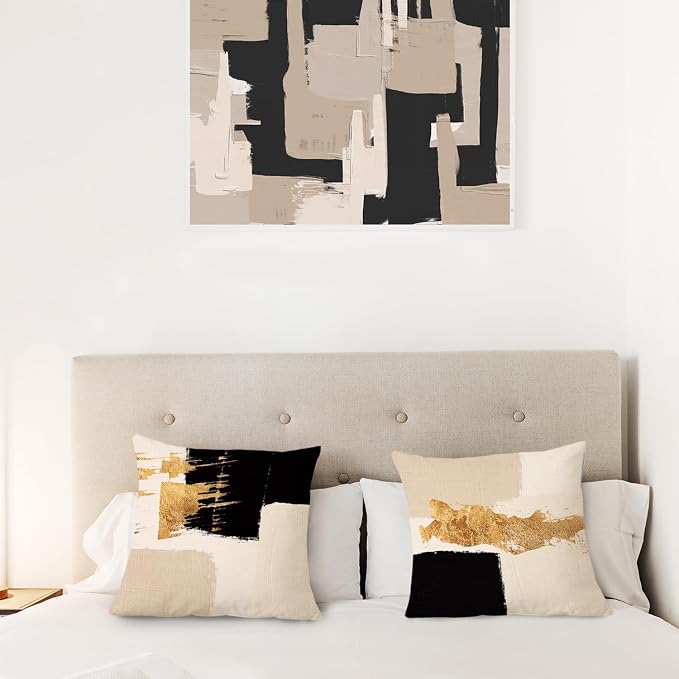 Black Beige Gold Pillow Covers, Abstract Black and Gold Pillow Covers 16x16 Set of 2, Modern Boho Home Decor, Black and Gold Pillows Decorative Throw Pillows for Couch Living Room Bedroom