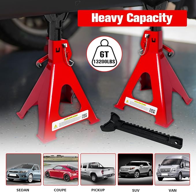 Jack Stands 6 Ton (13,200 LBs), 15.6"-23.4" Adjustable with Double Pin Locking，Heavy Duty Jack Stands with Extra Rubber Pads,Jack Stands for Trucks,Car Lifts for Home Garage,Lifting SUV,1 Pair Red