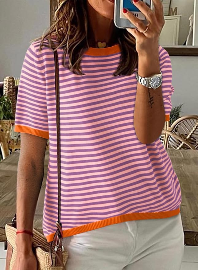 Dokotoo Womens Tops 2026 Casual Summer Crewneck Short Sleeve Striped Color Block Knit High Low Trendy Pullover Sweaters
