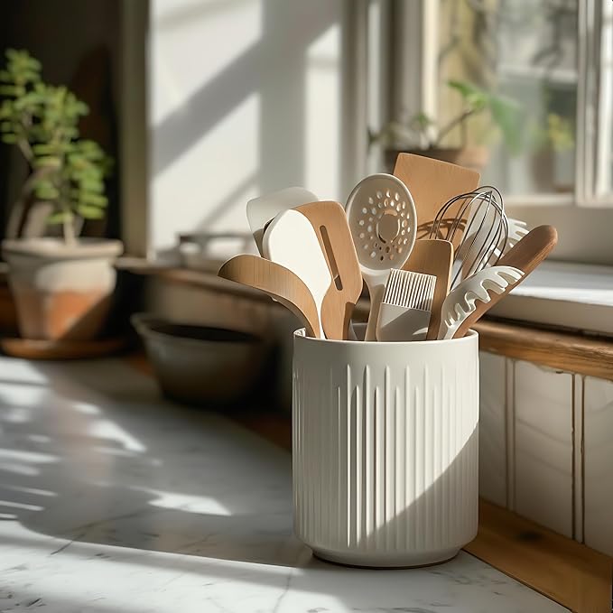 JIEMEI HOME Utensil Holder, 7.2" Large Ceramic Stable Utensil Crock for Kitchen Counter, Utensil Holder with Cork Mat, Removable Bamboo Divider for Easy, Kitchen Decor, White