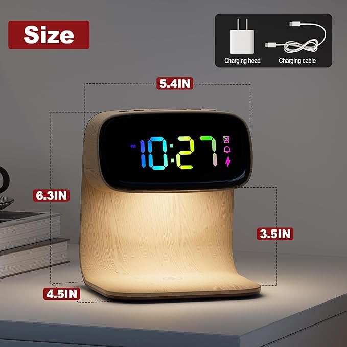 Digital Alarm Clock with Wireless Fast Charging Station 15W Touch Smart Lamp for Bedside,3 Colors Nightlight Adjustment Night Lamp for Living Room,Bedside,Heavy Sleepers (Woodgrain+Cable&Adapter)