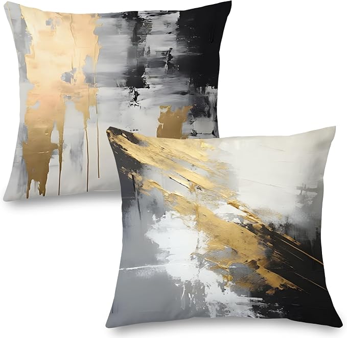 Abstract White & Gold Pillow Covers - 16x16 Set of 2, Modern Black & White for Couch, Bed & Living Room