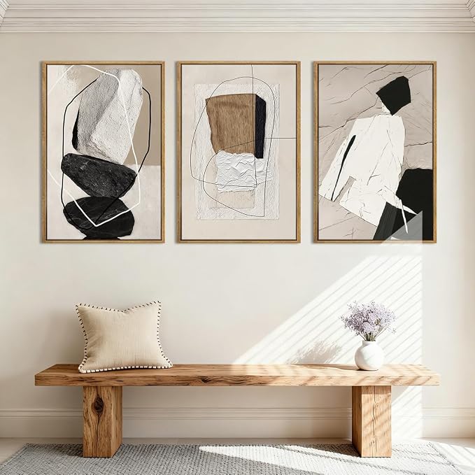 ANHUIB Large Neutral Abstract Wall Art Canvas,Black Beige Artwork, Modern Framed Art Wall Decor, Minimalist Geometric Painting,24x36 Inches Print Set of 3 for Living Room Bedroom