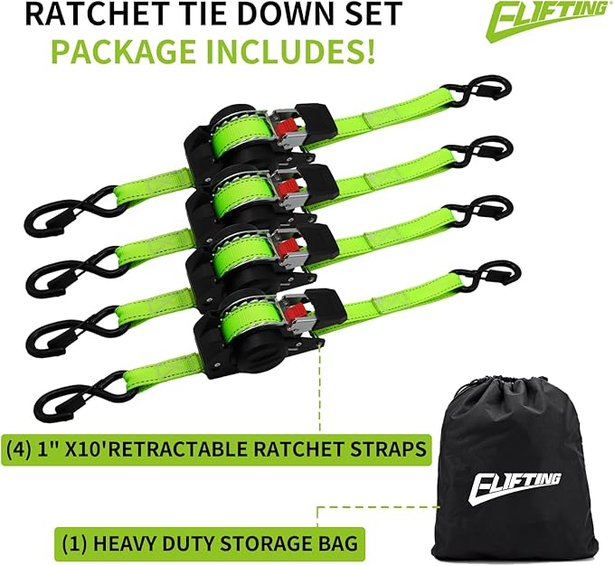 Retractable Ratchet Straps (4-Pack) 1 Inch x 10 Ft Auto Self Retracting Tie Down Straps (1650lbs Break Strength) Reflective Safety Stitching for Motorcycle ATV UTV Truck Trailer - Green