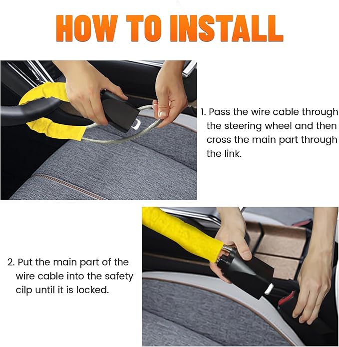 DualGuard Car Steering Wheel & Seat Belt Lock - 17" Universal Anti-Theft Device for Vehicles, SUVs, Golf Carts | Compact & Lightweight Security Lock with Multi-Function Keys (Yellow)