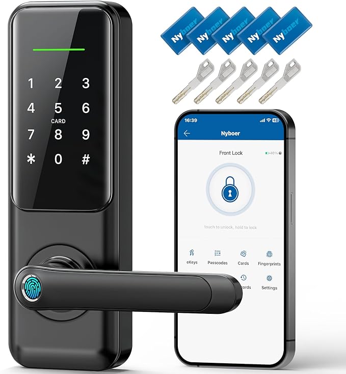 Nyboer Smart Keypad Door Lock with Handle for Front Door | 7 in 1 Keyless Entry with Fingerprint, Easy DIY Install, Remote & Voice Control, Auto-Lock, Ideal for Lockset Replacement