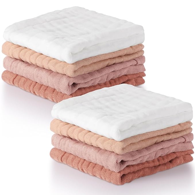 8 Pcs Baby Washcloths for Newborn 12 x 12 Inch Muslin Face Towels Cotton Absorbent for Delicate Skin Soft Muslin Cloth Reusable Baby Registry as Shower Gift, 4 Colors (Pink Color)
