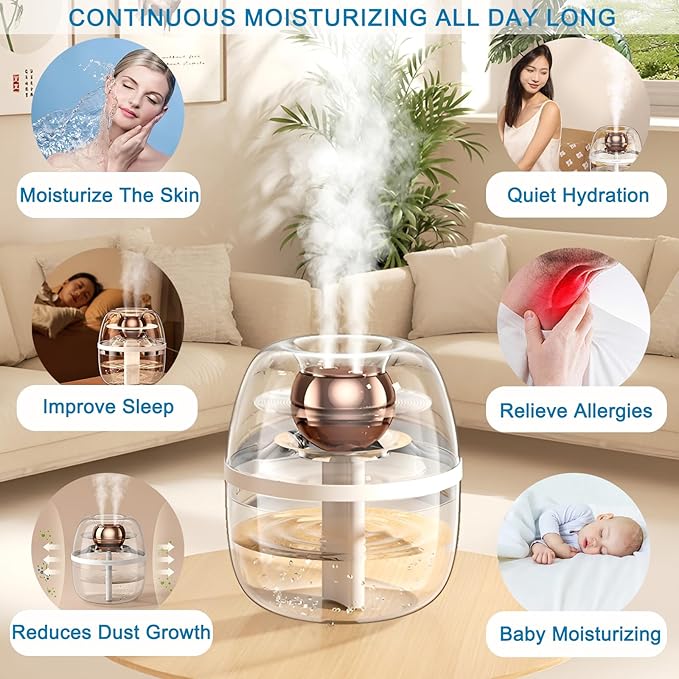JINGYAN 3L Ultrasonic Cool Mist Humidifier - Transparent Tank, Easy to Clean, Dual Spray for 20H Quiet Mist Time, Night Light, Auto Shut-Off for Large Bedroom, Office, Plant Care (Green)